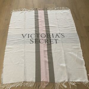 Victoria's Secret Cream Pink Gray Stripe Logo Fringe Blanket Throw 52 x 61